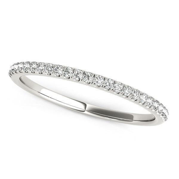 14k white gold wedding band with 23 round diamonds in a pave setting.