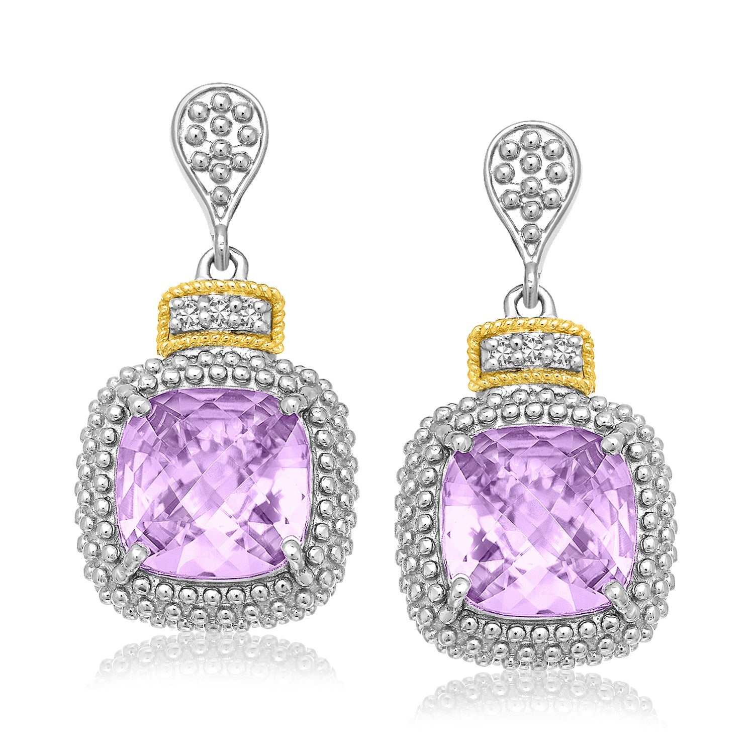 Yellow gold and sterling silver cushion amethyst and diamond earrings.