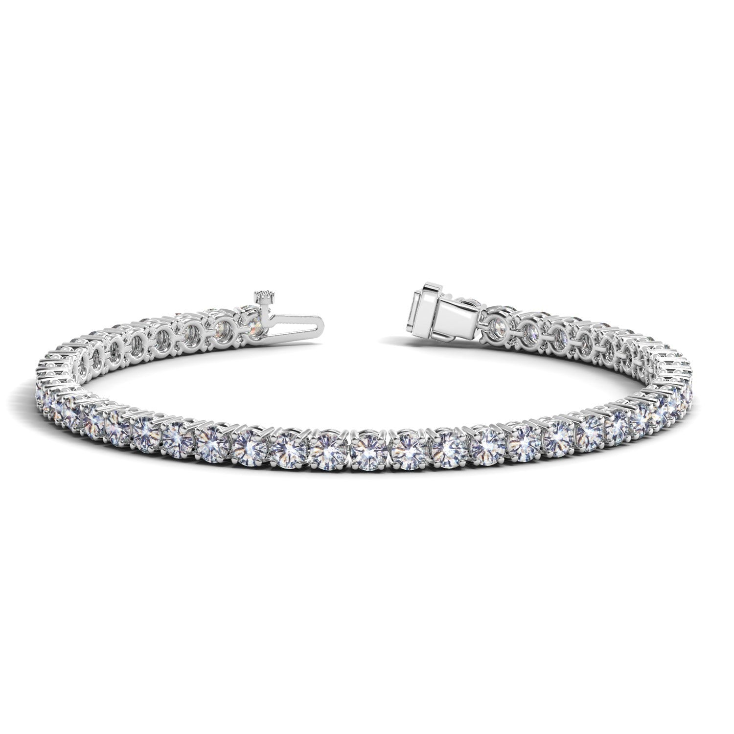 A white gold tennis bracelet with round lab-grown diamonds and an open clasp.