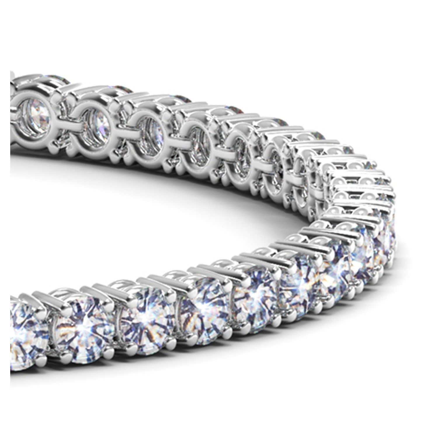 A white gold tennis bracelet with round lab-grown diamonds.