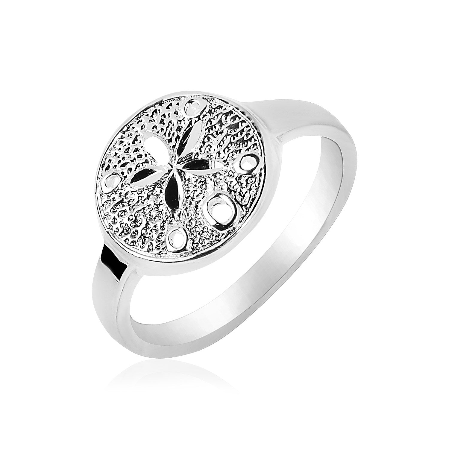 Sterling silver ring with a textured sand dollar design.