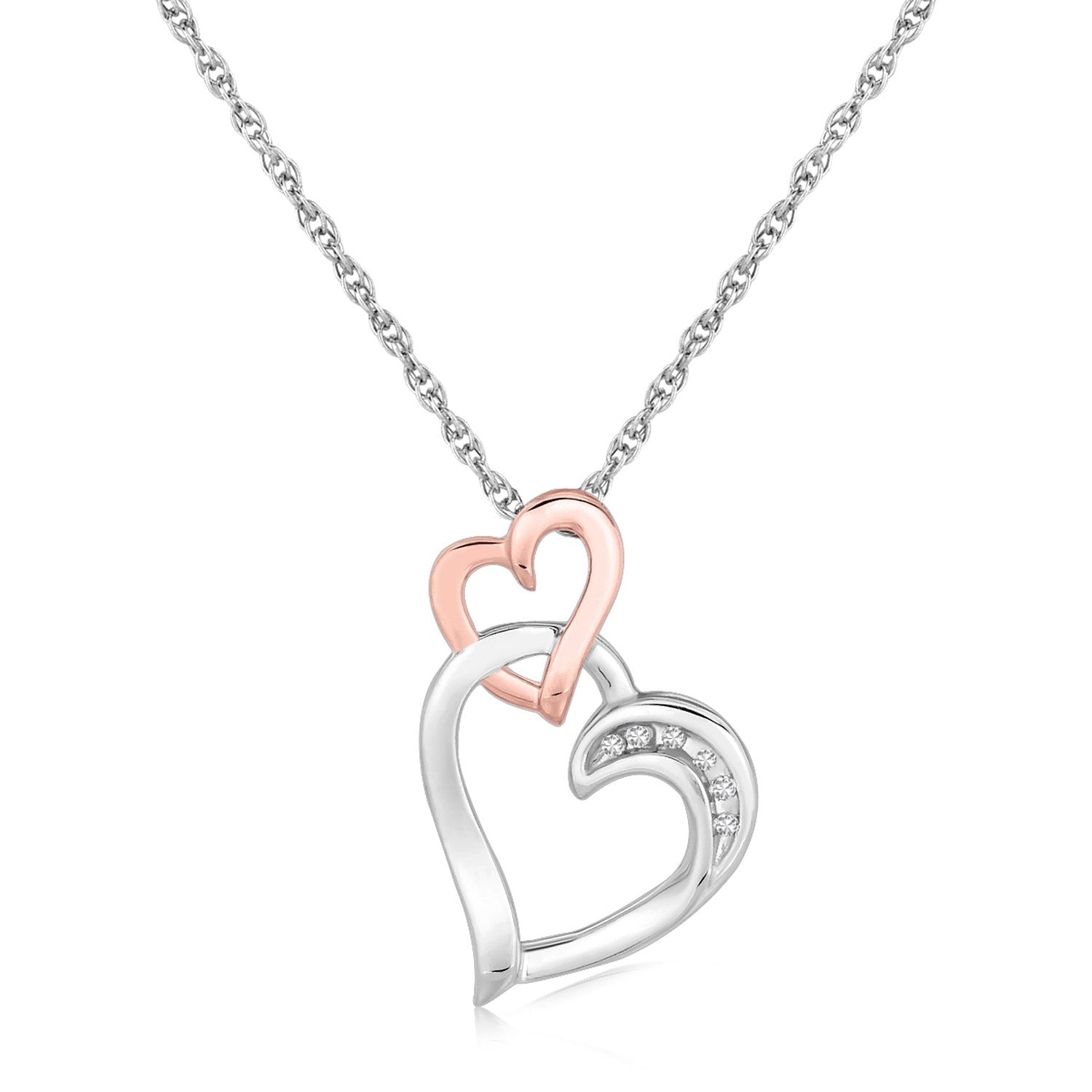 Sterling silver dual heart pendant with a rose gold-plated accent and diamond embellishments.