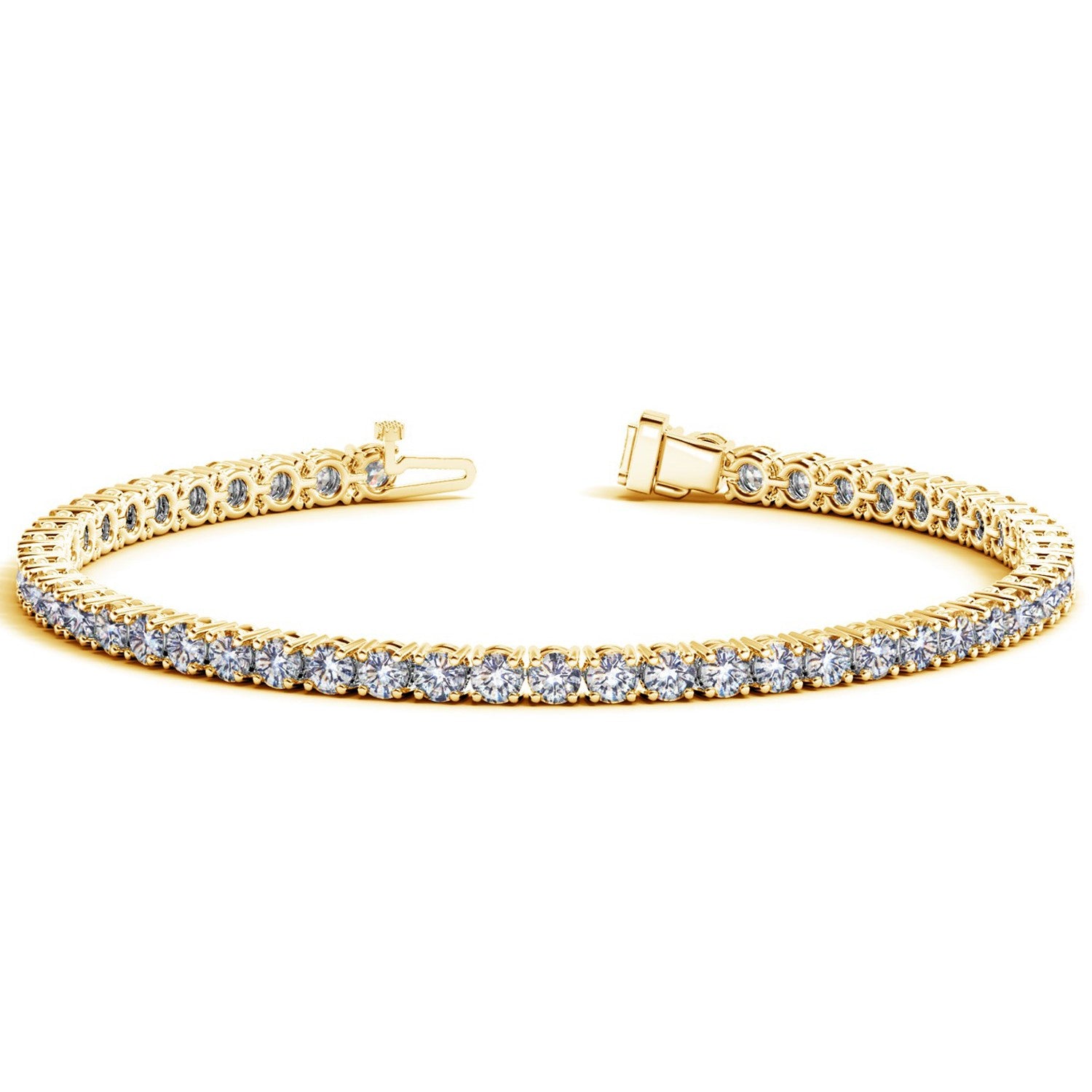 A yellow gold tennis bracelet with numerous round, brilliant-cut diamonds.