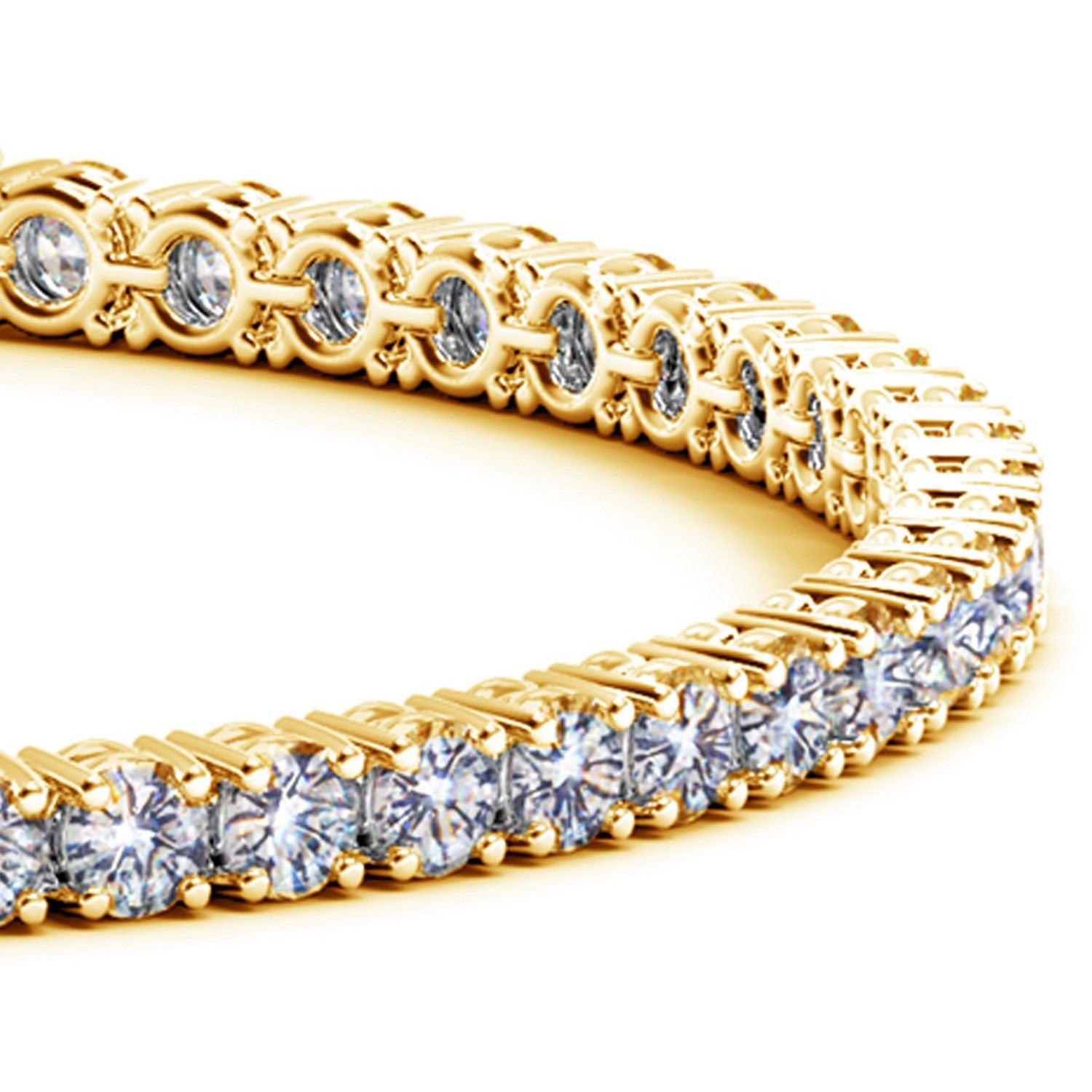 A yellow gold tennis bracelet with round, brilliant-cut lab-grown diamonds.