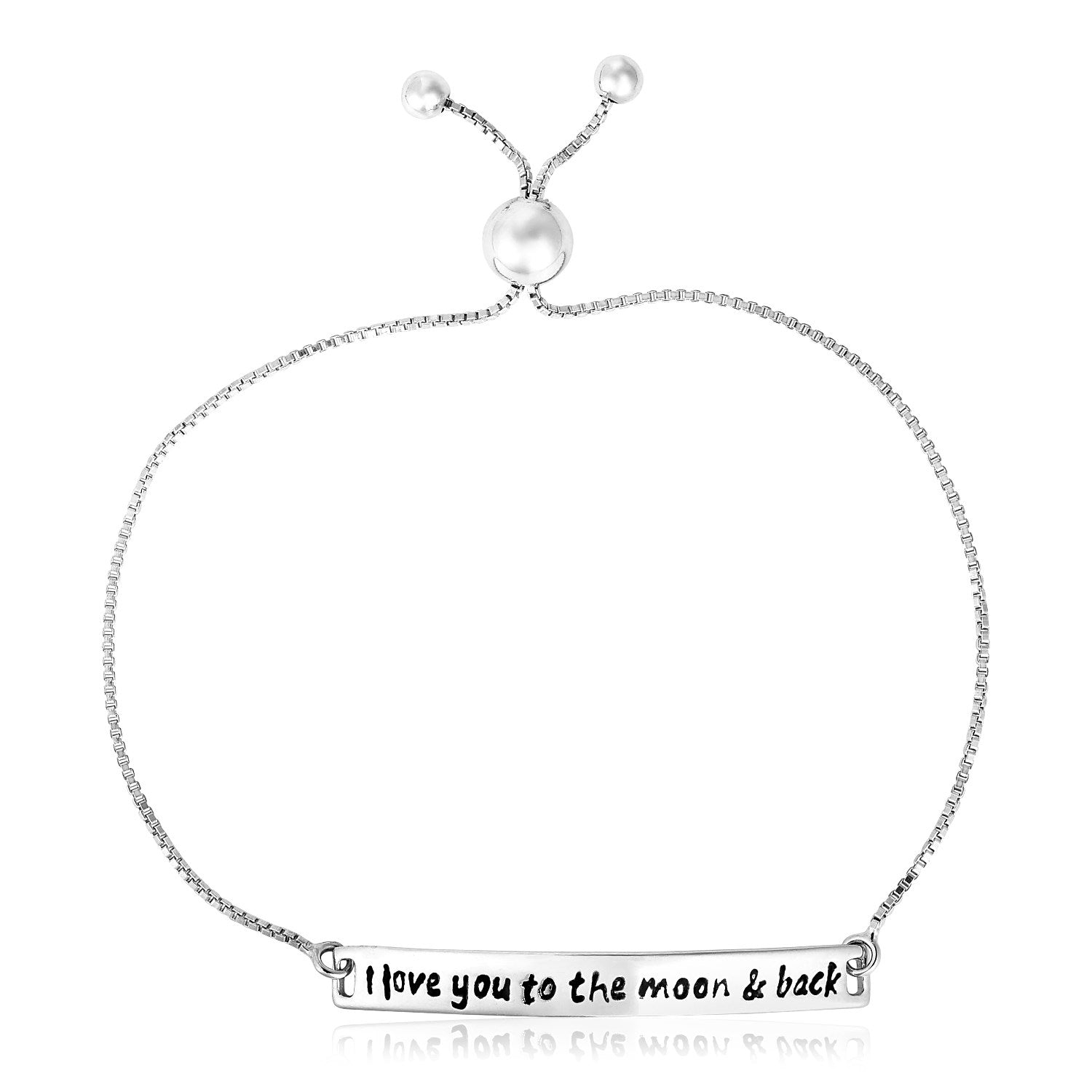 Sterling silver adjustable bracelet with "I love you to the moon & back" engraved on a bar.