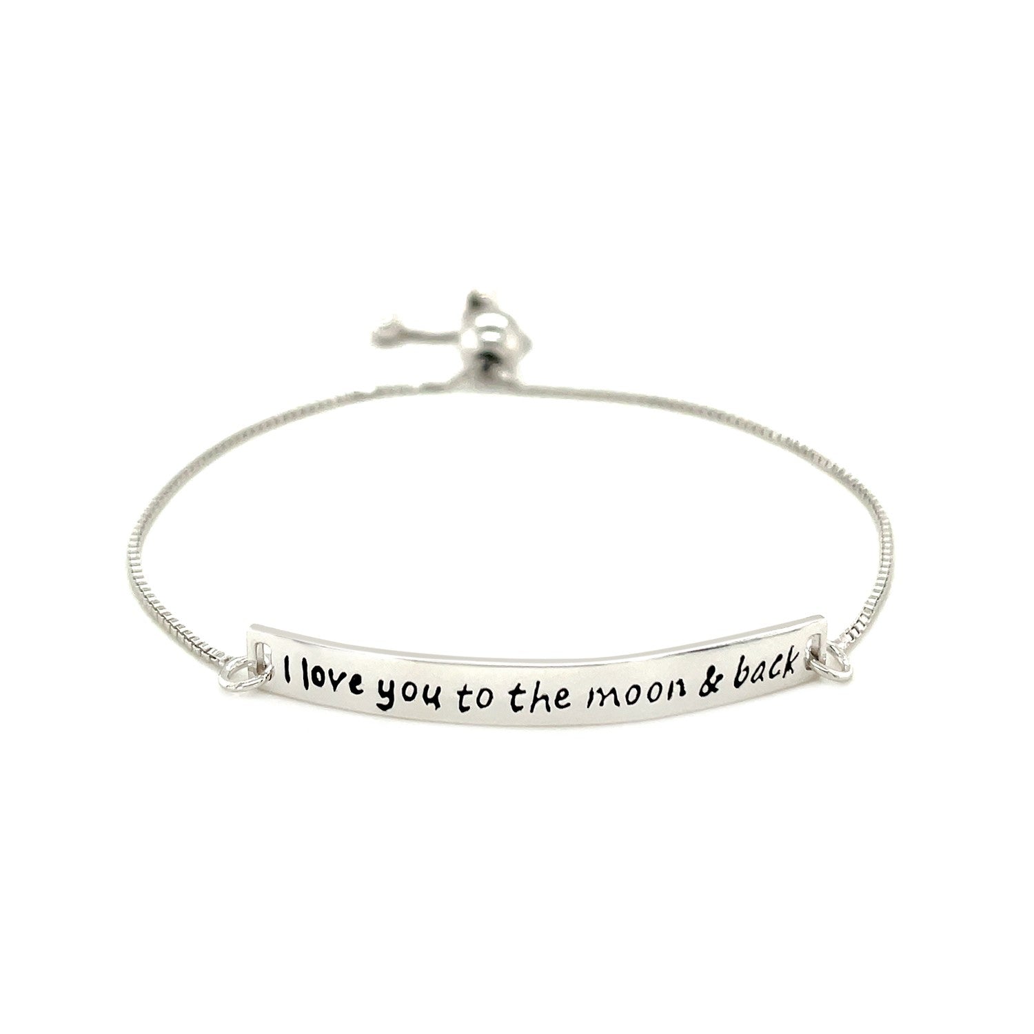 Sterling silver adjustable bracelet with "I love you to the moon & back" engraved on a bar.