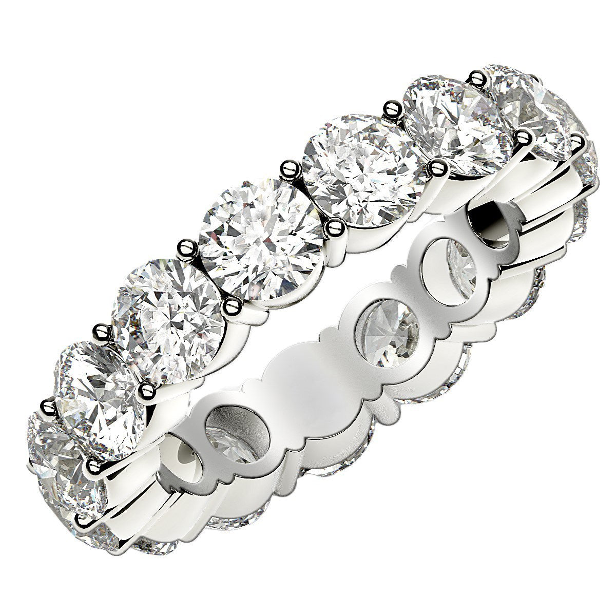 A 14k white gold eternity ring with round cut lab grown diamonds.
