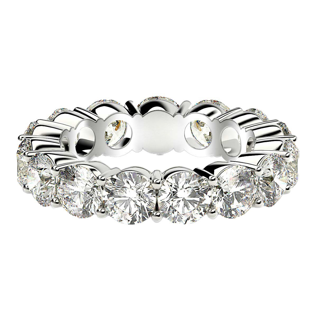 Round cut lab grown diamond eternity ring in 14k white gold.