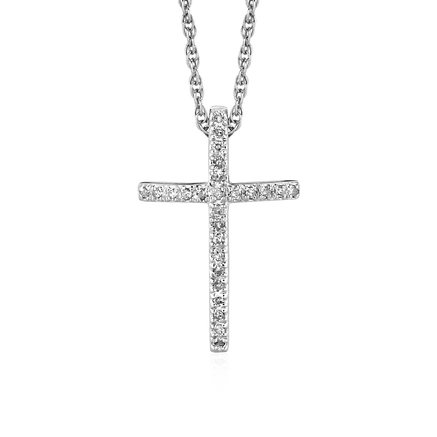 Sterling silver narrow cross pendant with diamonds on an 18-inch chain.