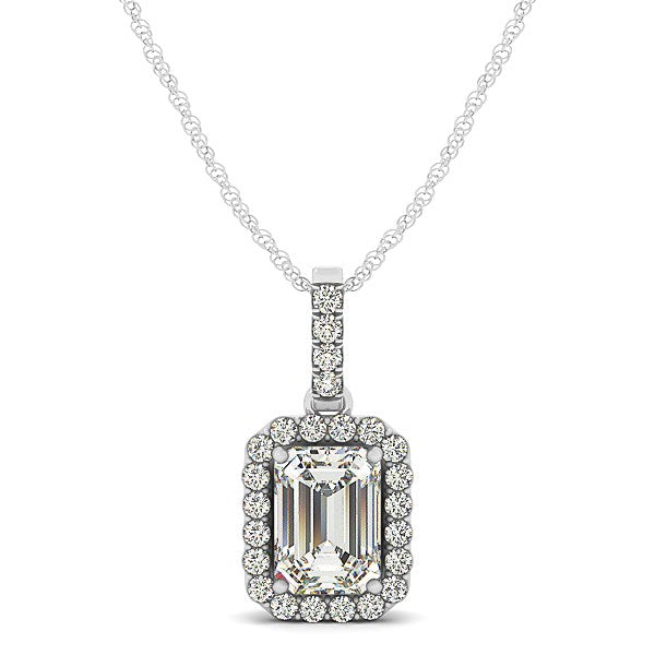 White gold halo pendant with an emerald-cut diamond and a diamond bail on a rope chain.