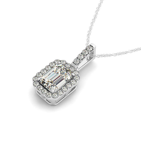Halo pendant with an emerald-cut diamond center in 14k white gold.