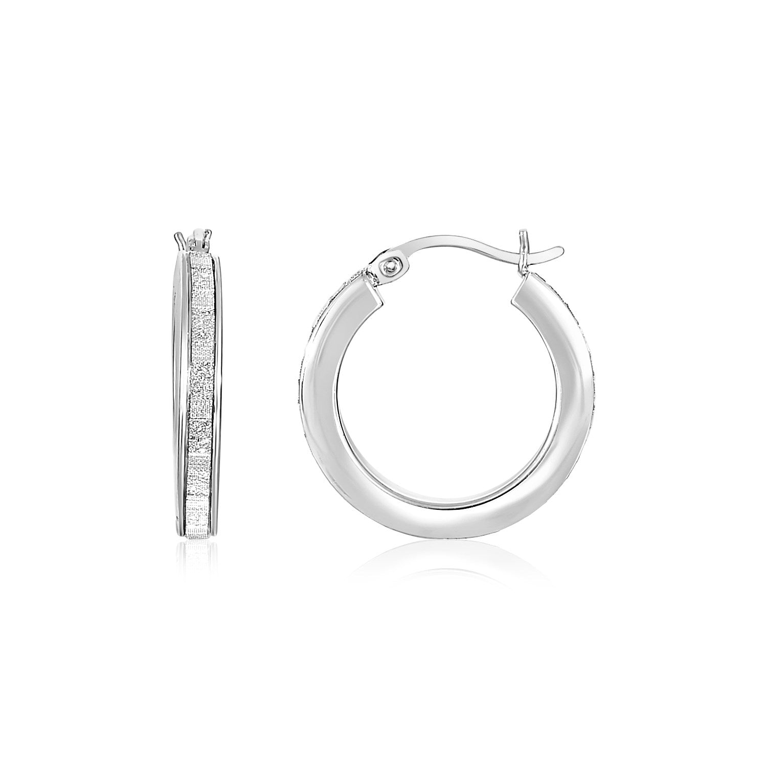 Sterling silver small round tube hoop earrings with glitter texture.