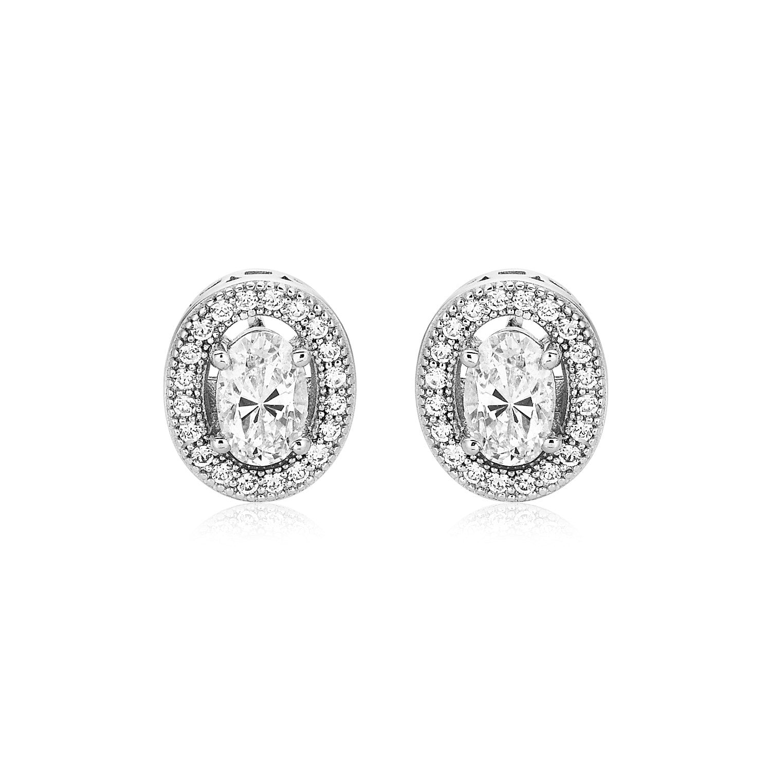 Sterling silver oval cubic zirconia earrings with a beaded halo.