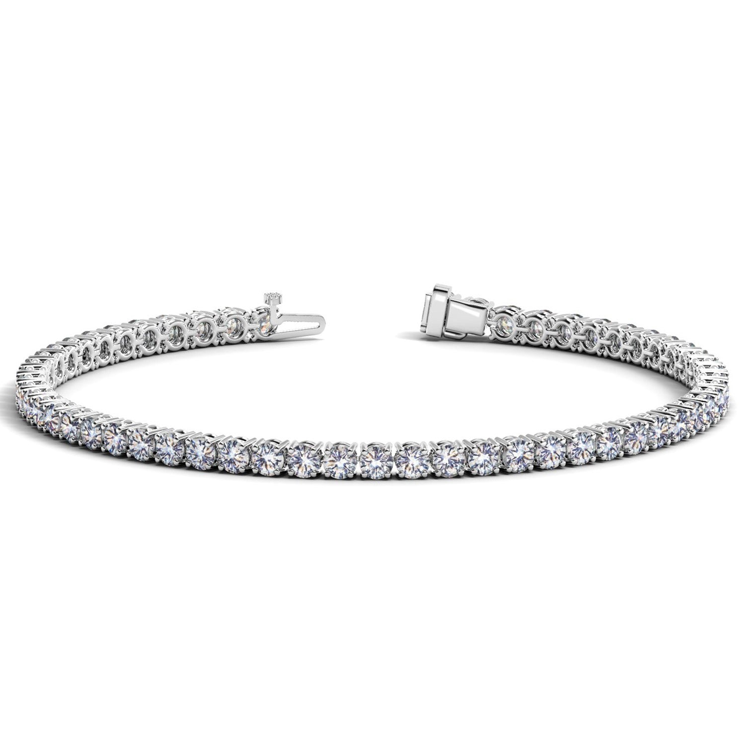 A white gold tennis bracelet with numerous round, brilliant-cut diamonds, open at the clasp.