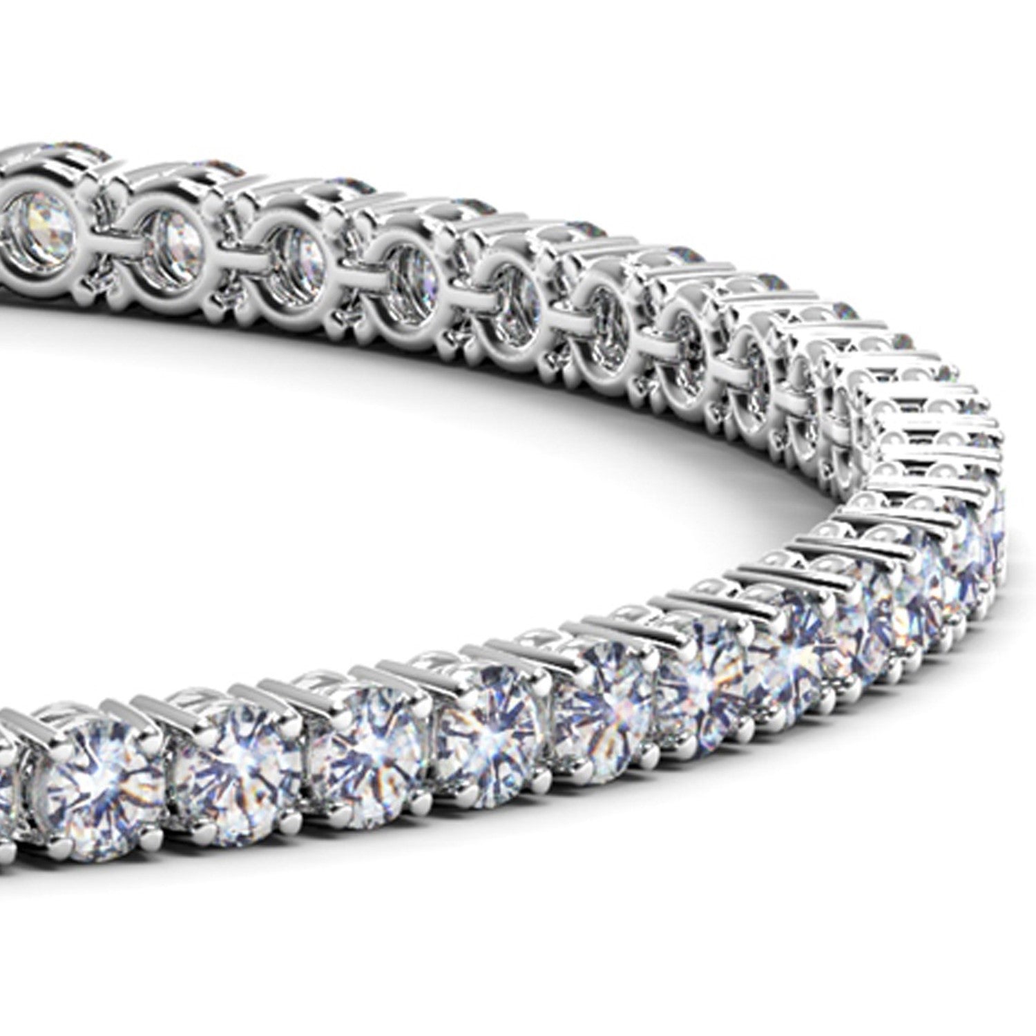 A white gold tennis bracelet featuring a continuous line of round, brilliant-cut diamonds.