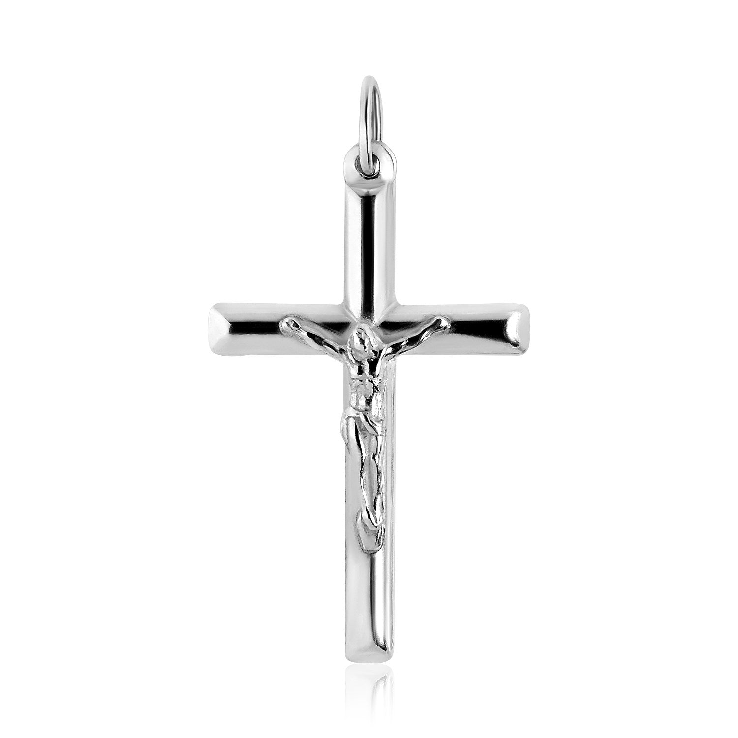 Sterling silver polished crucifix pendant with a detailed figure of Jesus.