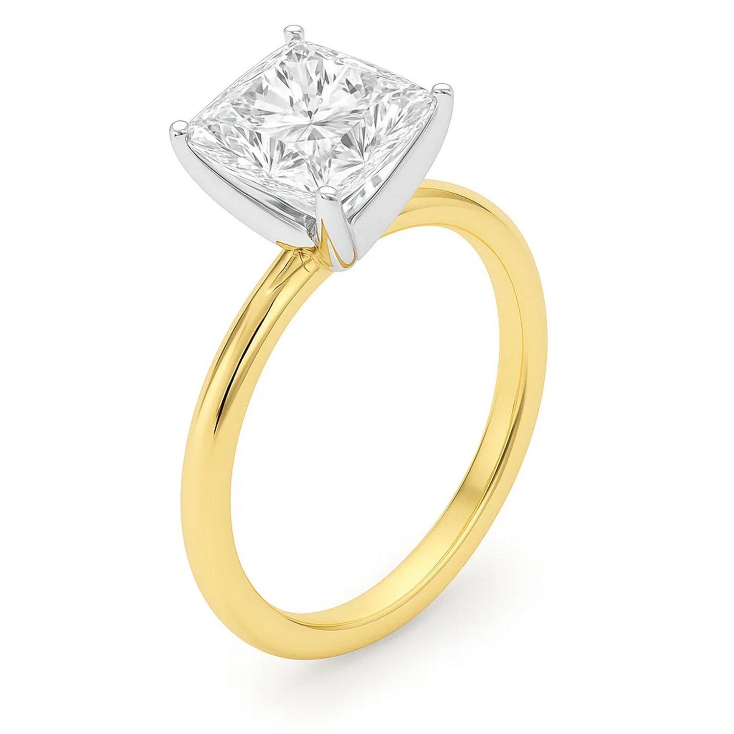 A 3 carat princess-cut lab-grown diamond solitaire ring in 14K yellow gold.
