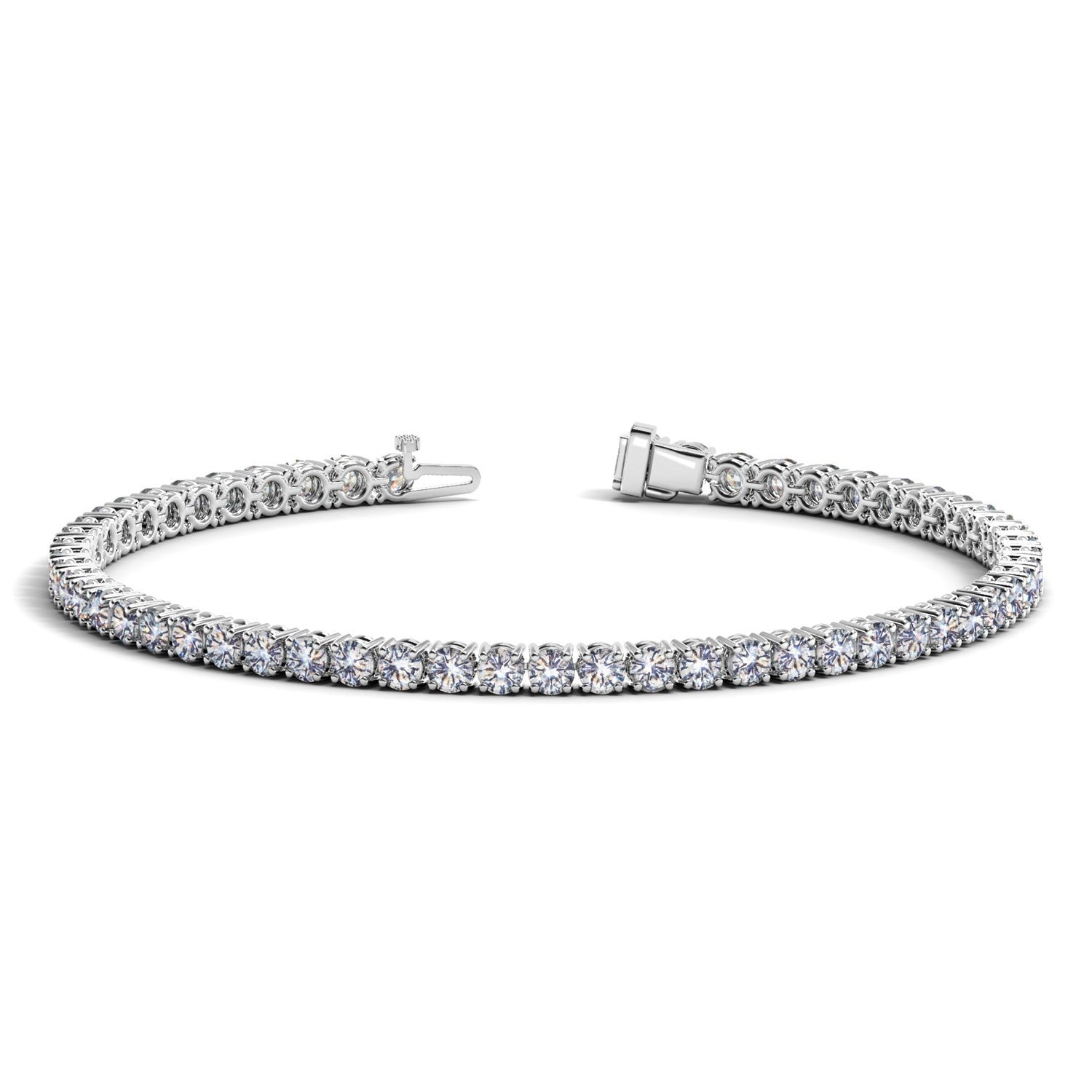 A white gold tennis bracelet with round diamonds and an open box clasp.