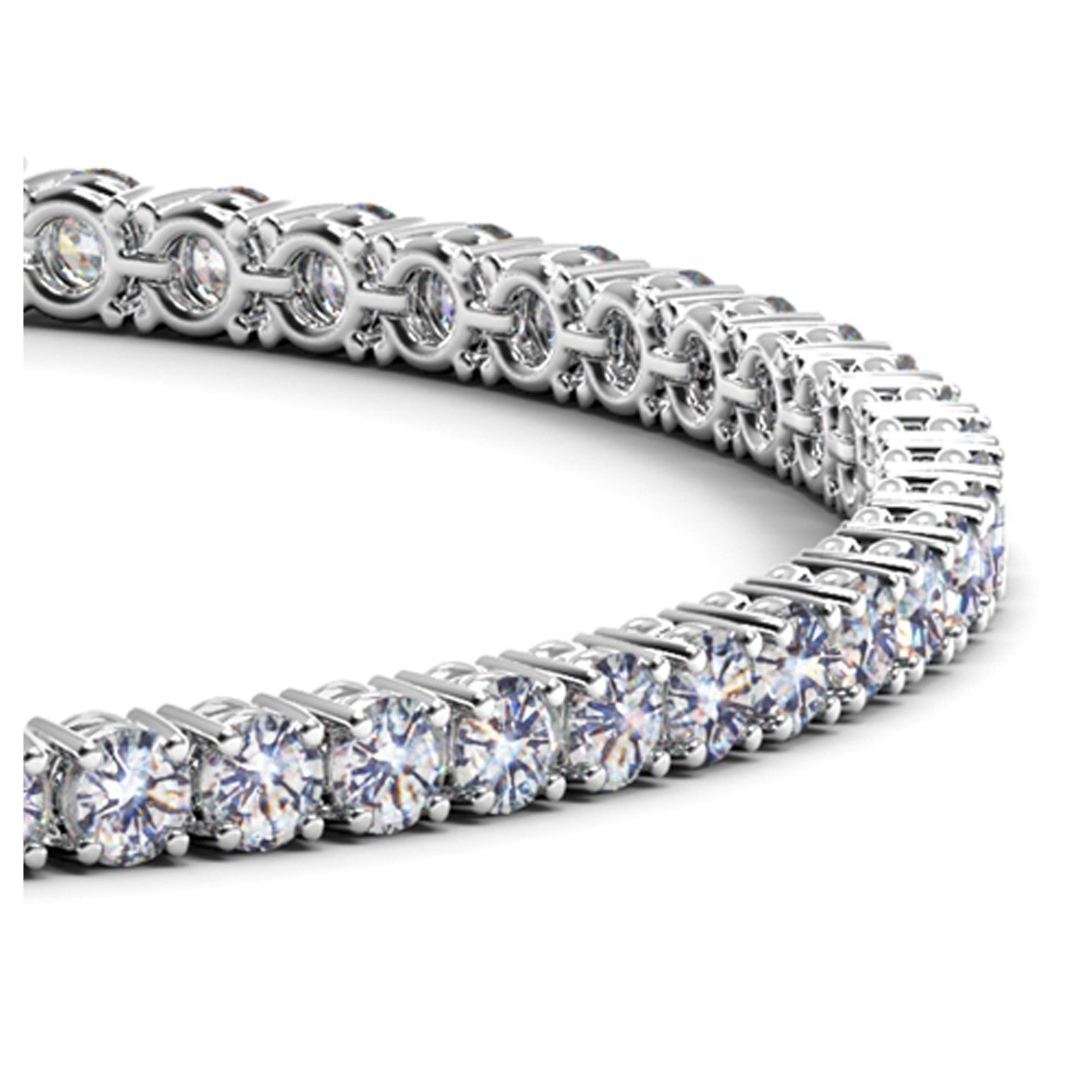 A white gold tennis bracelet with numerous round, brilliant-cut diamonds.