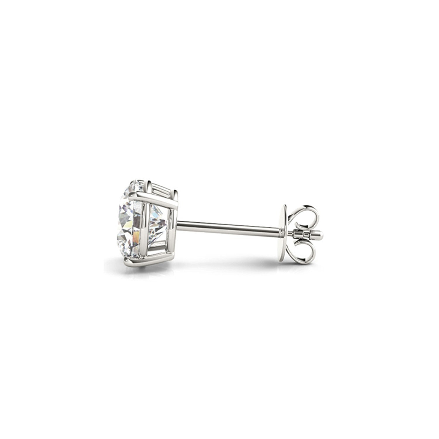 A single round diamond stud earring in a four-prong white gold setting with a push back.