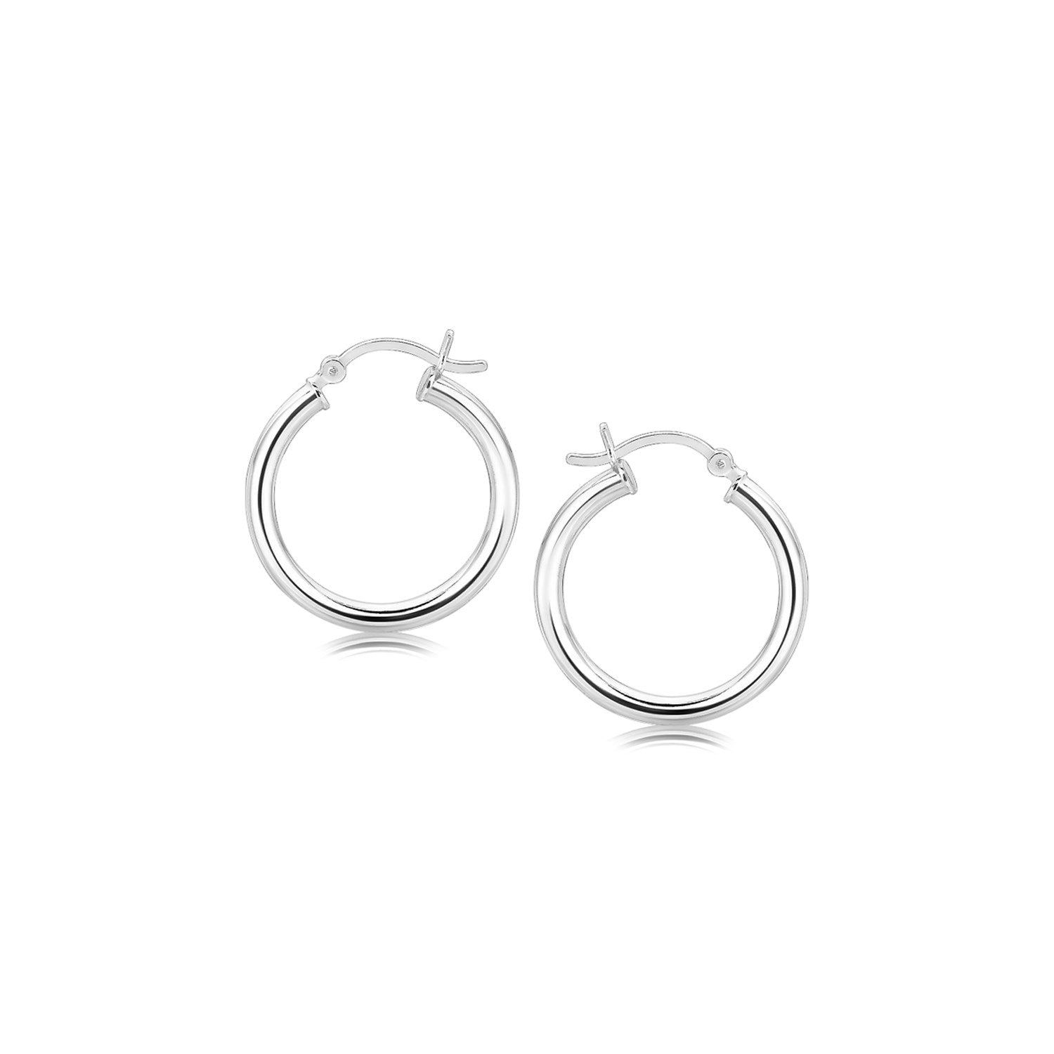 A pair of polished sterling silver hoop earrings with rhodium plating.