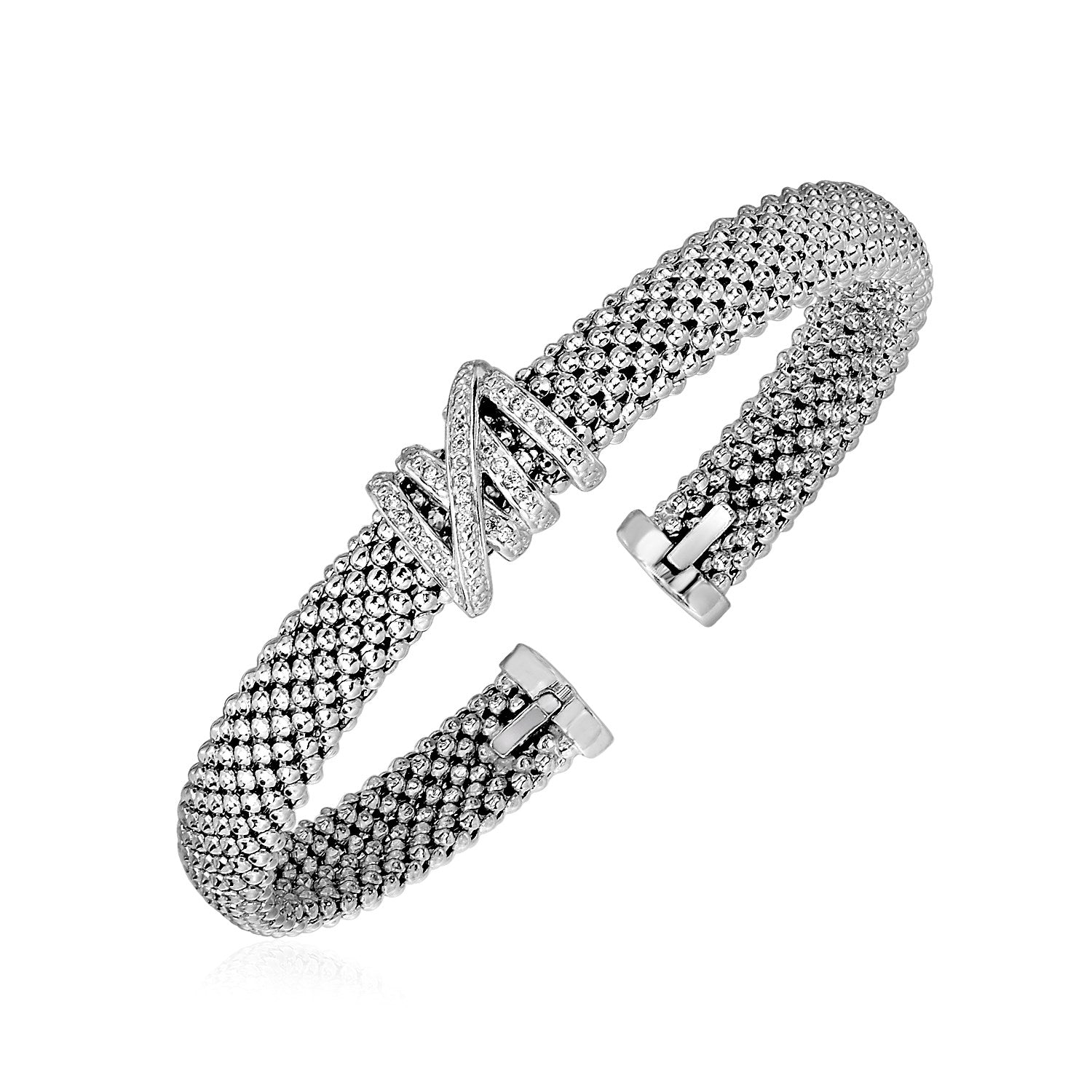 Sterling silver popcorn texture cuff bangle with crossing diamond bands.