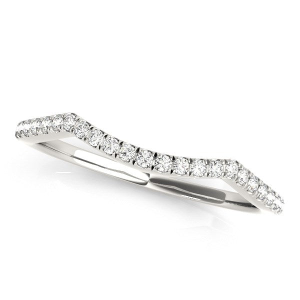 14k white gold curved wedding band with pave set round diamonds.