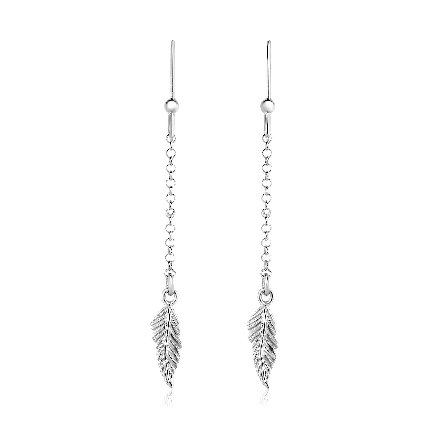 Sterling silver dangle earrings with textured leaf charms on delicate chains.