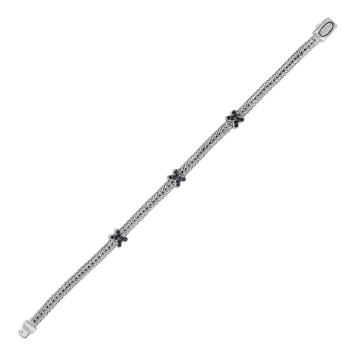 Sterling silver woven rope bracelet with three black sapphire X accents.