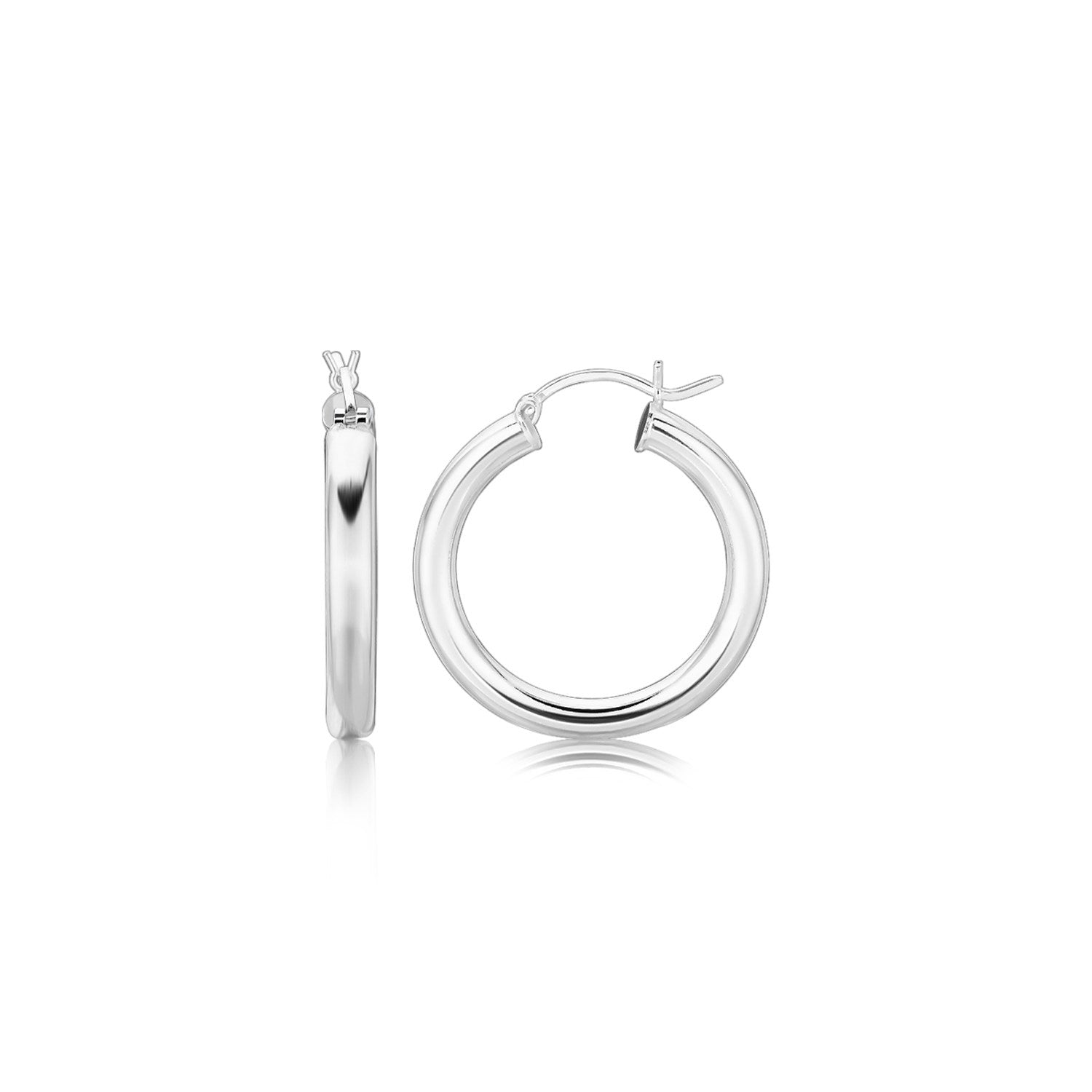 A pair of polished sterling silver rhodium-plated thick hoop earrings with snap locks.