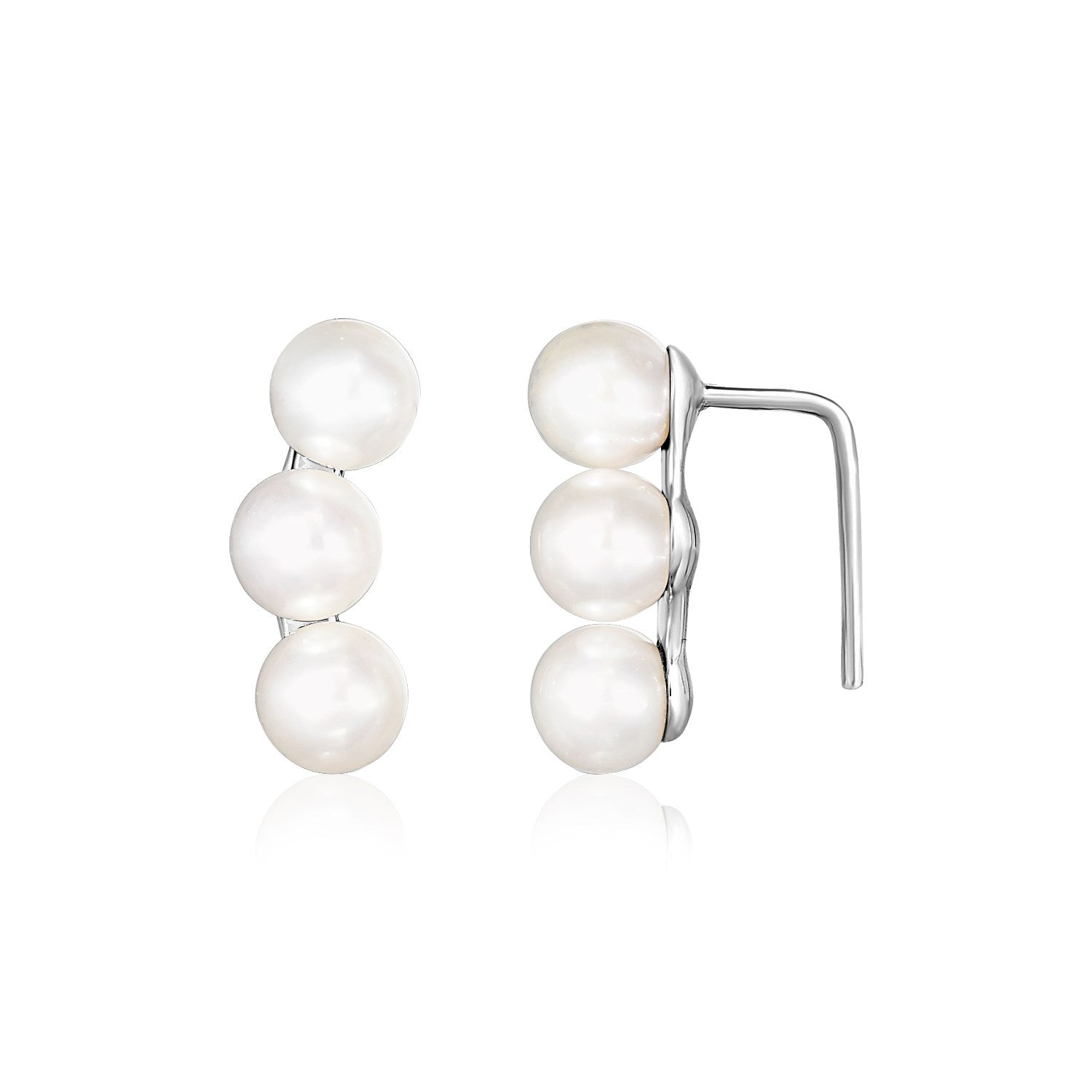 Sterling silver climber earrings featuring three white freshwater pearls on each.