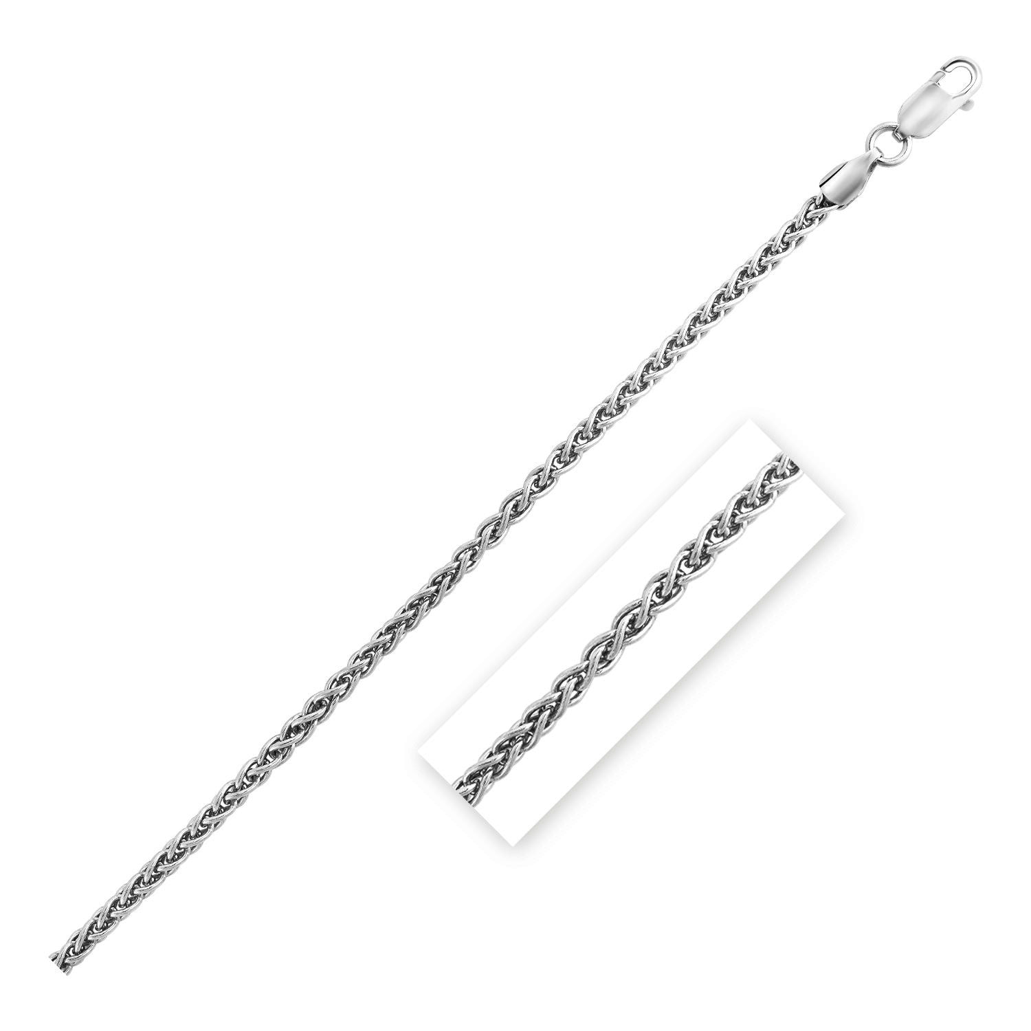 Sterling silver rhodium-plated wheat chain with a lobster clasp.