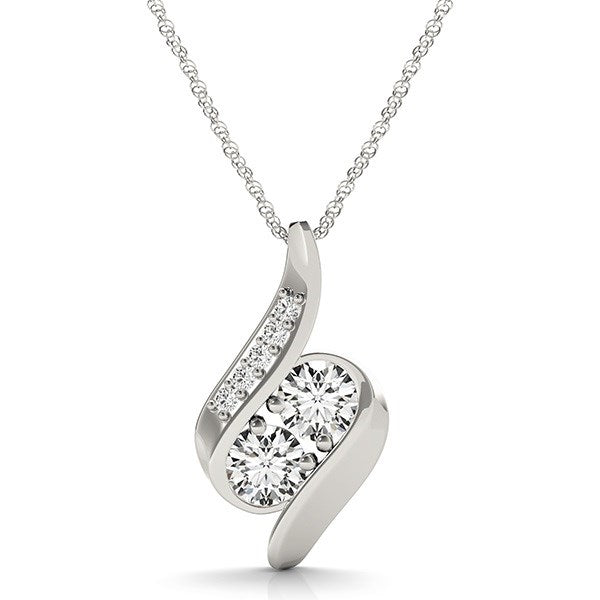 14k white gold two-stone curved diamond pendant with a rope chain.