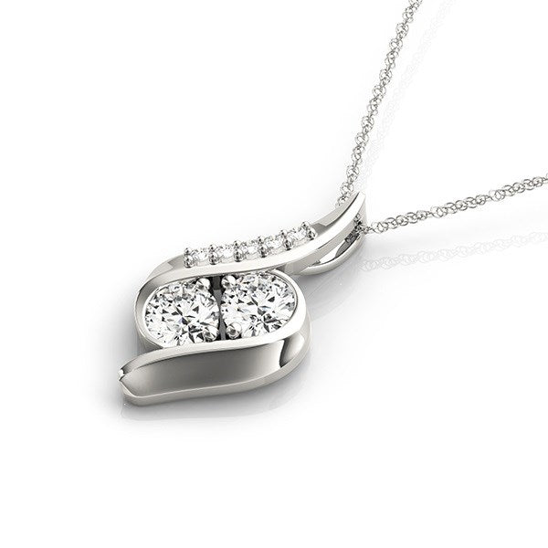 14k white gold two-stone curved diamond pendant with a rope chain.