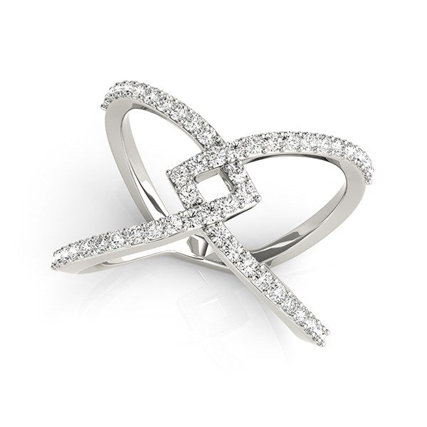 14k white gold ring with entwined diamond-studded bands forming a central square.