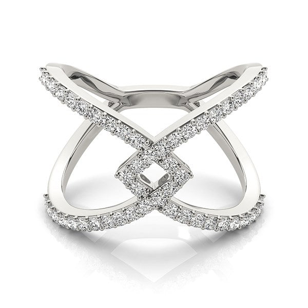 14k white gold entwined diamond ring with pave-set round diamonds.