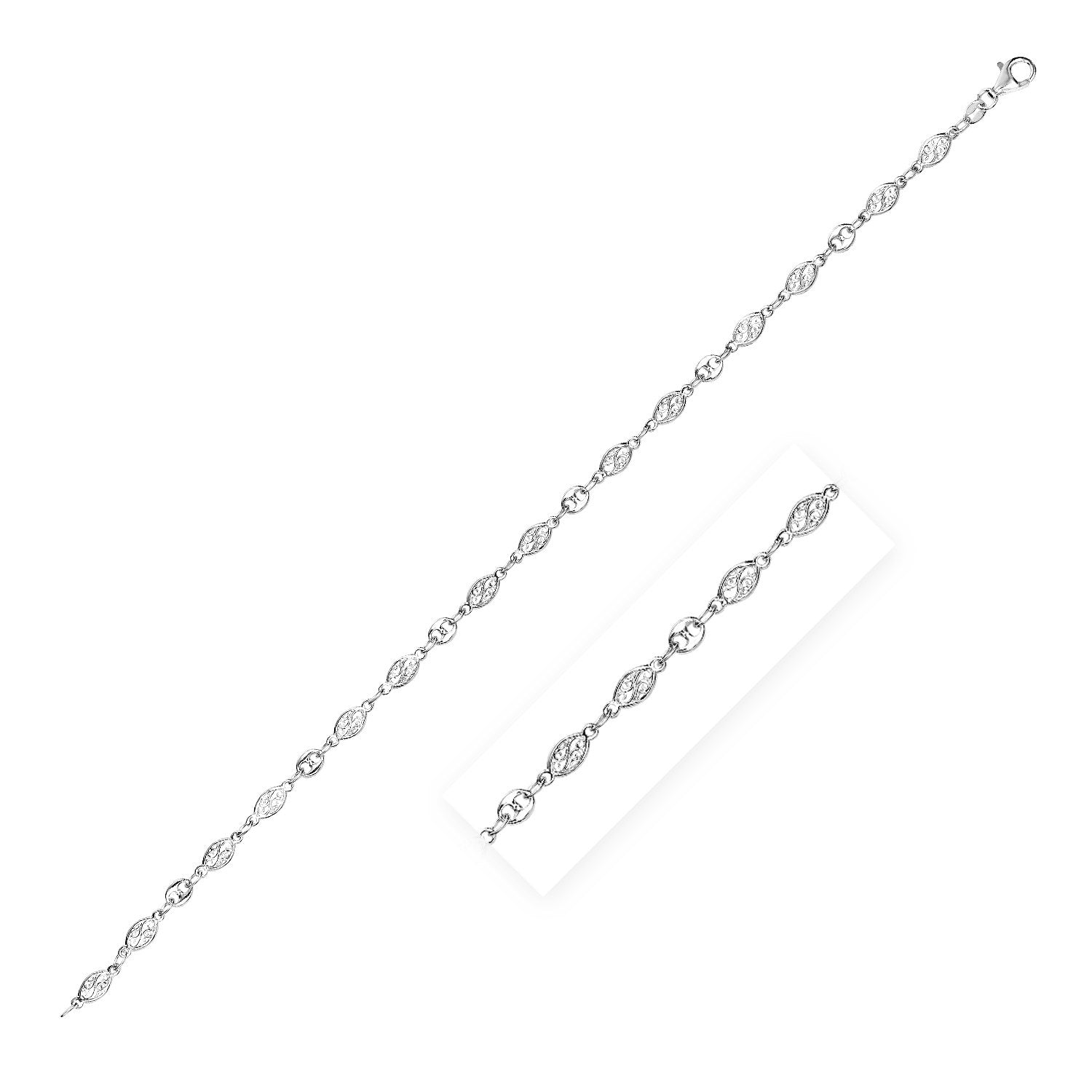 Sterling silver anklet with marquise leaf motifs and a lobster clasp.