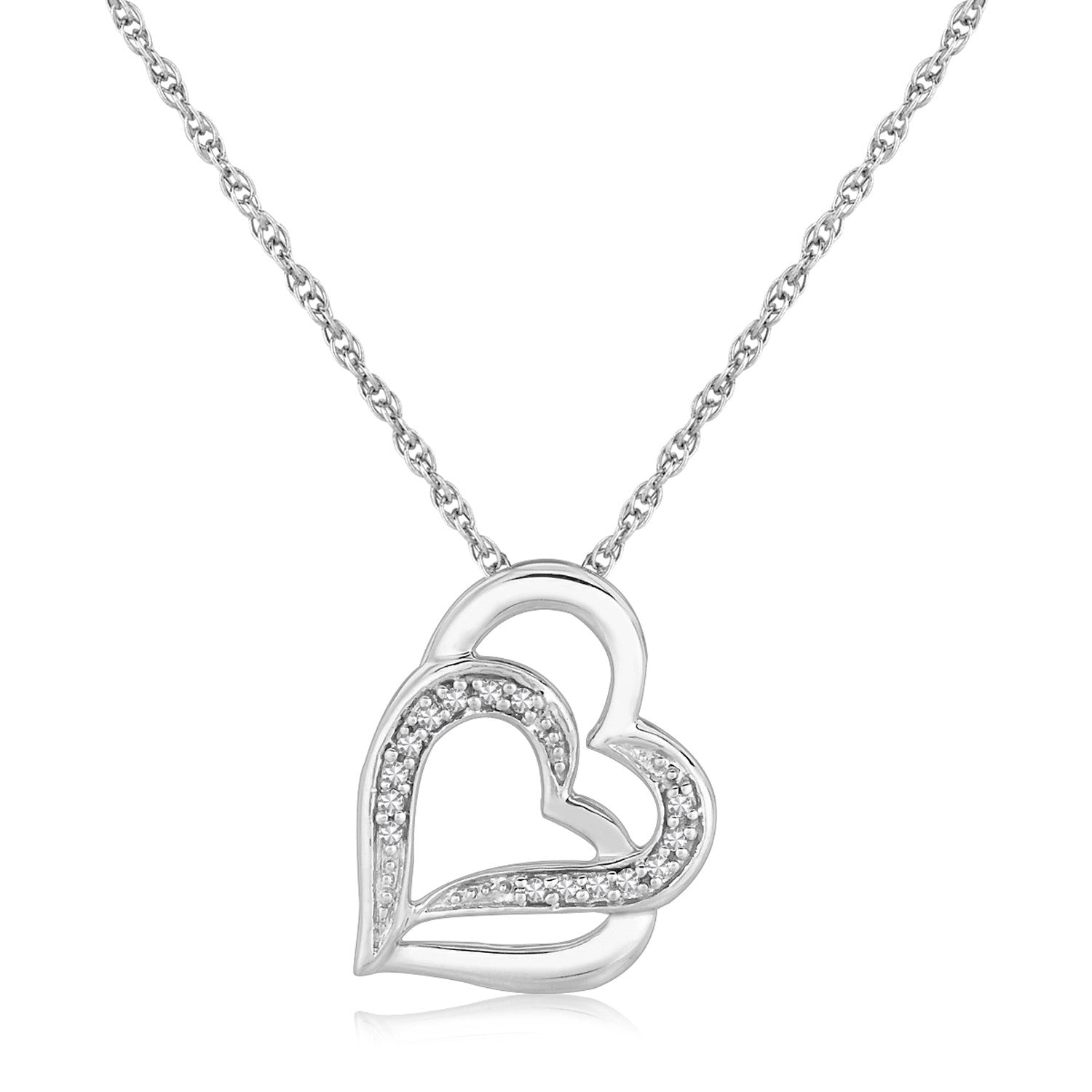 Sterling silver dual heart pendant with diamonds on an 18-inch cable chain.