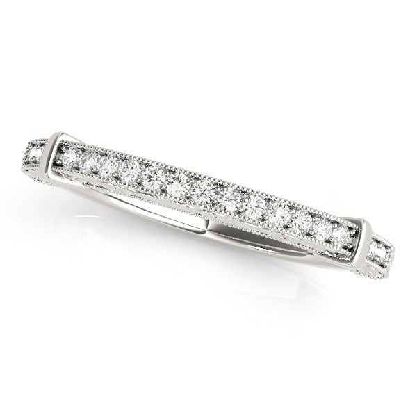 14k white gold wedding band with a bead border and 17 round diamonds.