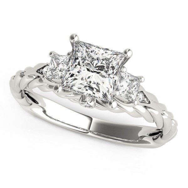 14k white gold princess cut three-stone diamond ring with an antique-style braided band.
