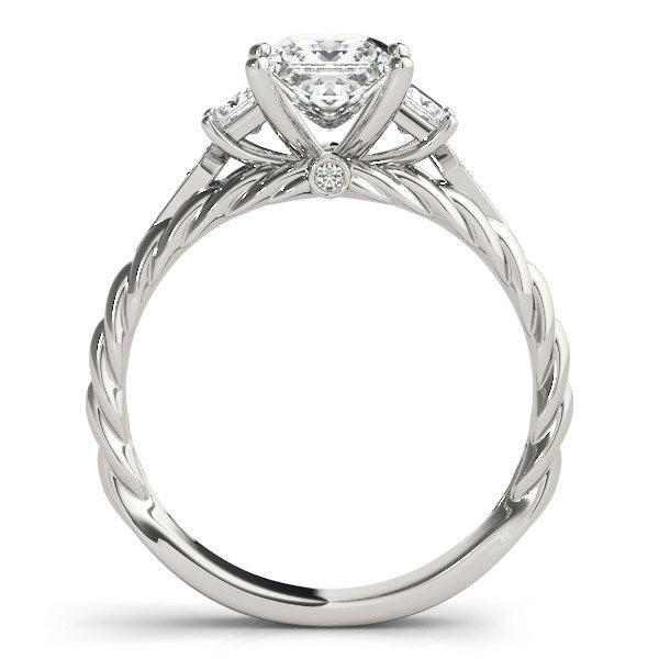 14k white gold princess cut three-stone diamond ring with a twisted band.