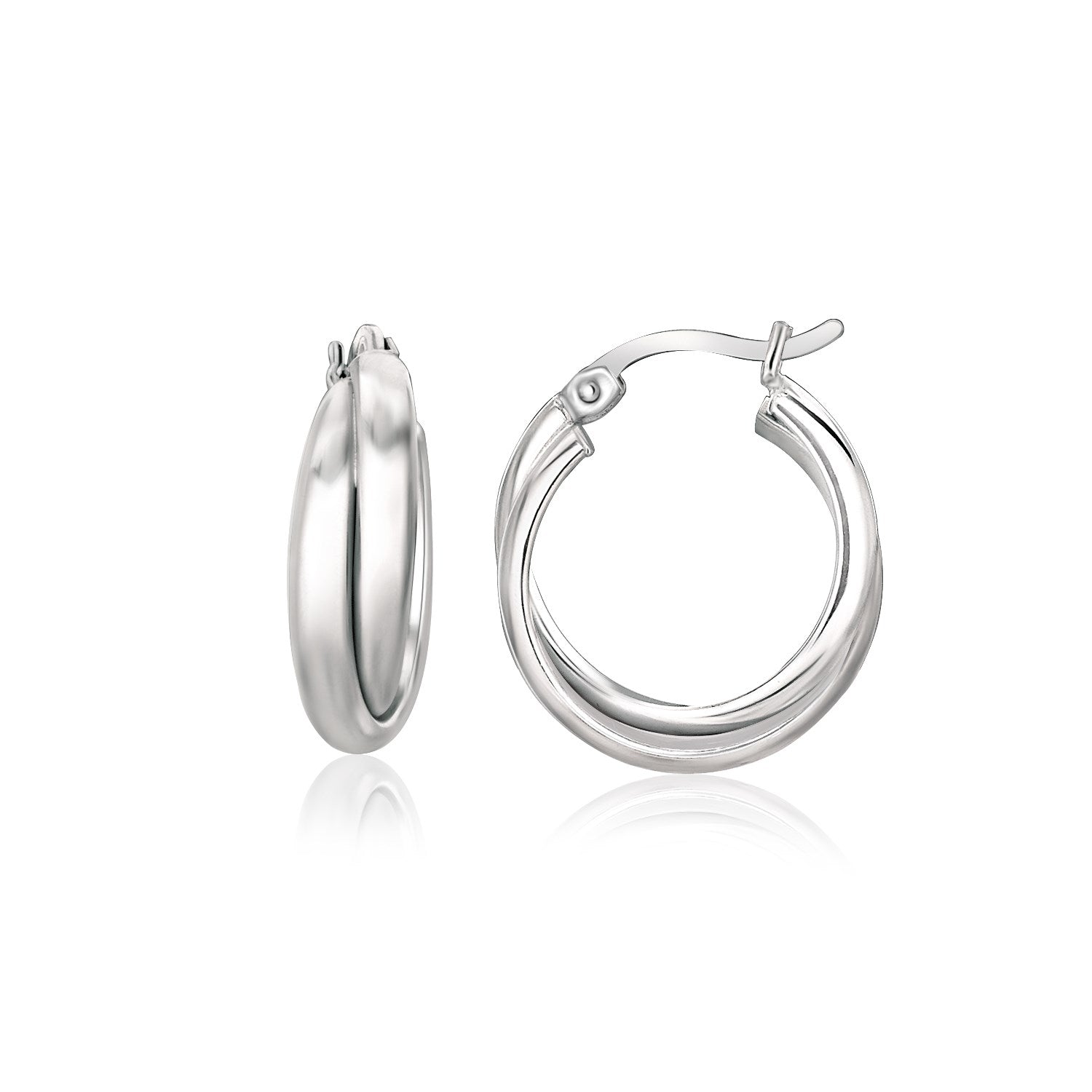Sterling silver dual round entwined hoop earrings with snapback closures.
