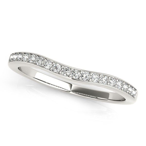 14k white gold curved wedding band with prong-set round diamonds.