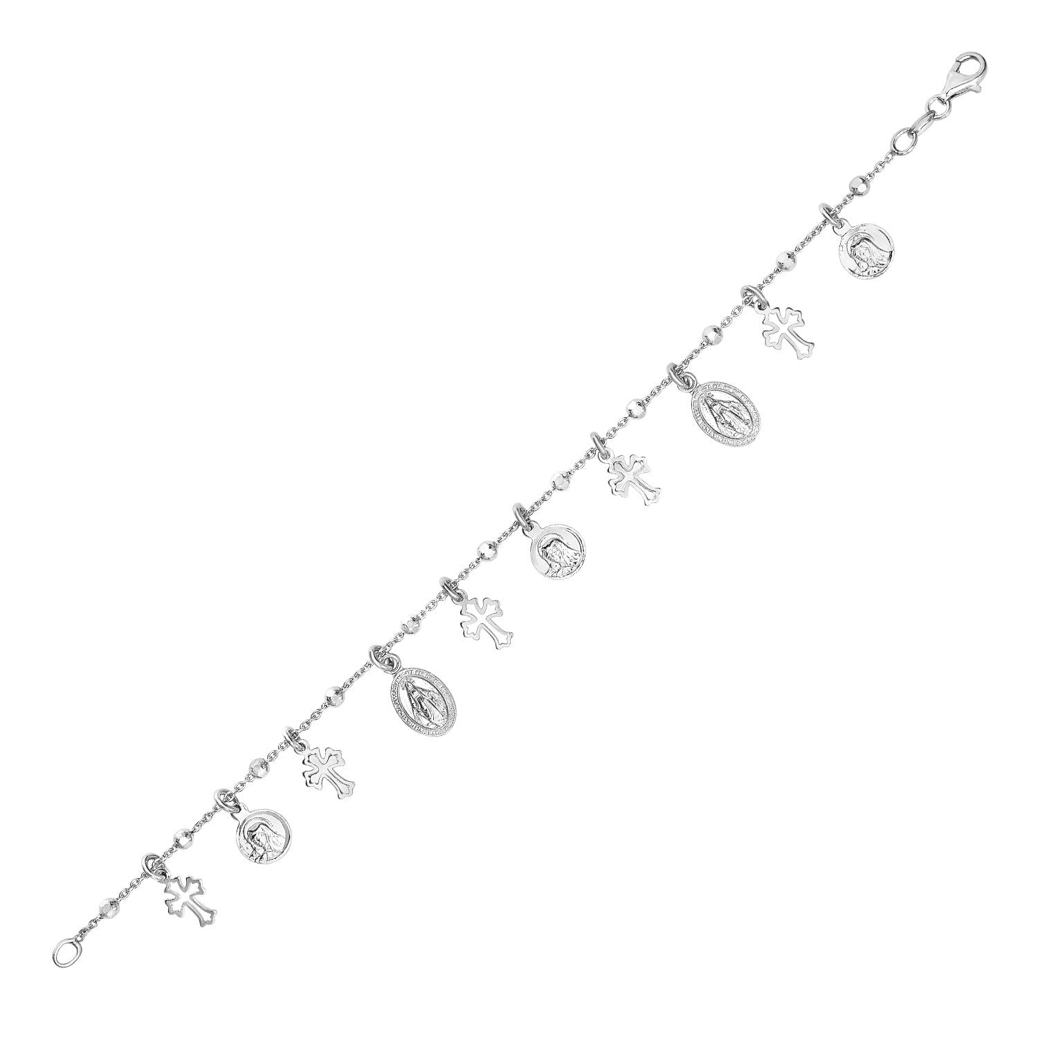 Sterling silver bracelet with cross and religious medal charms.