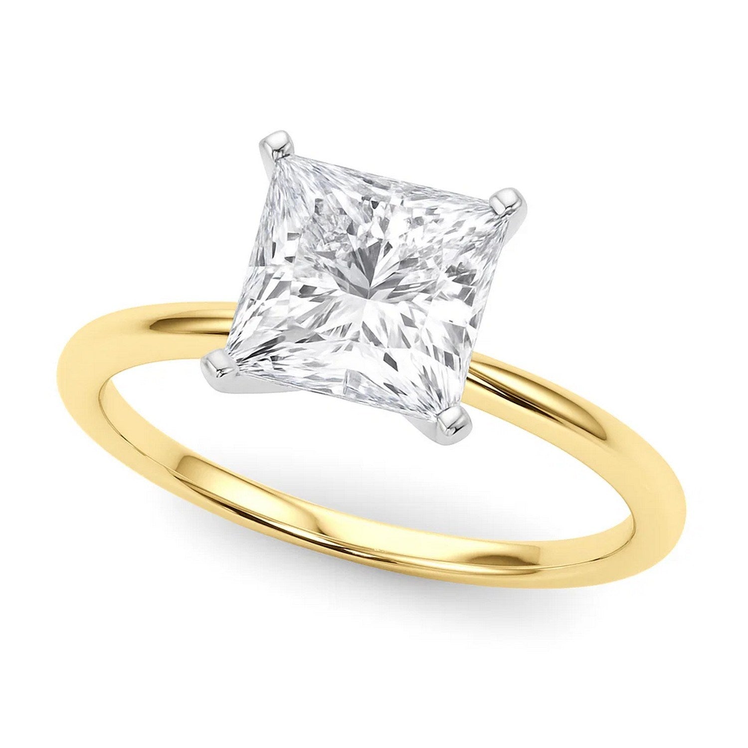 A princess-cut lab-grown diamond solitaire ring in 10K yellow gold with white gold prongs.