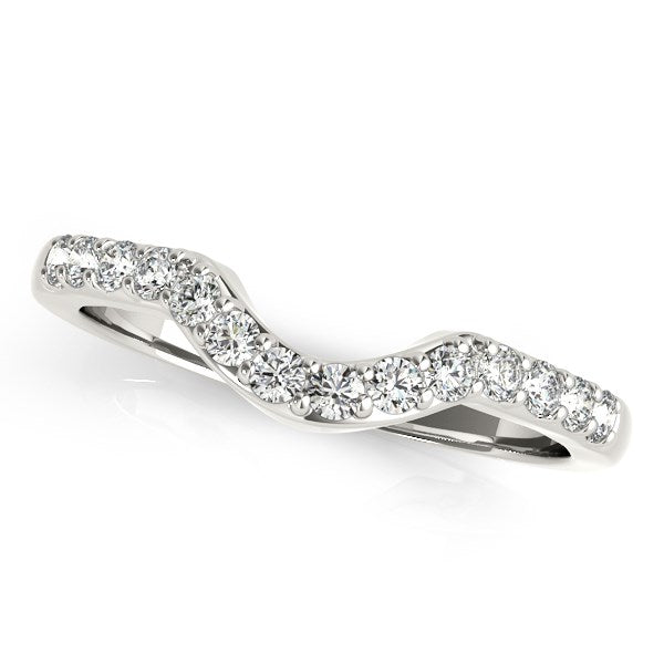 14k white gold curved wedding band with pave-set round diamonds.