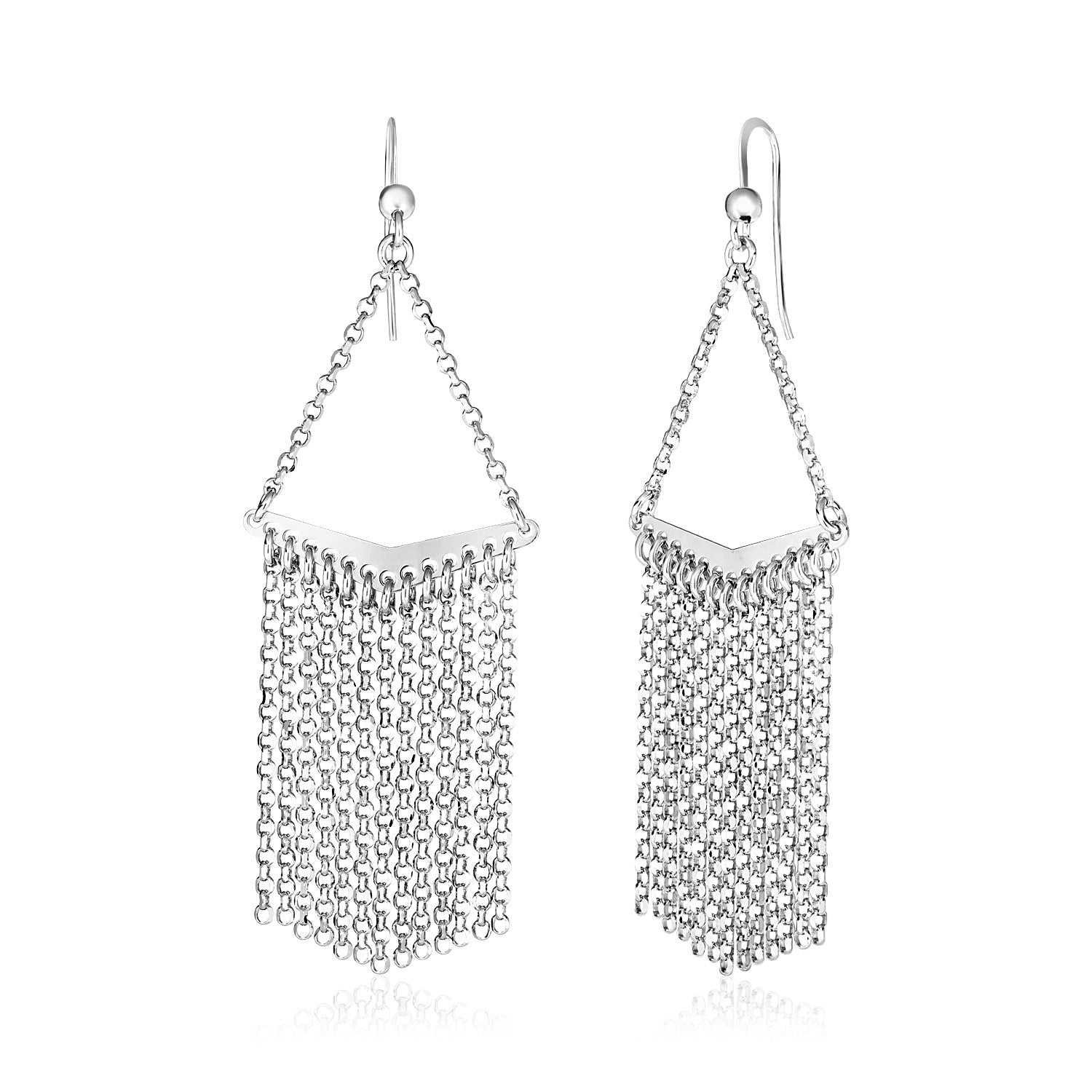 Sterling silver triangle tassel dangle earrings with fine chain tassels.
