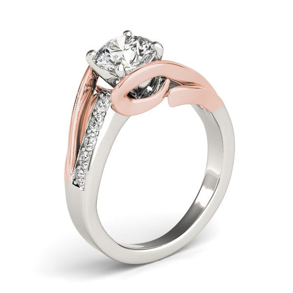 14k white and rose gold bypass shank diamond engagement ring with a round center stone.