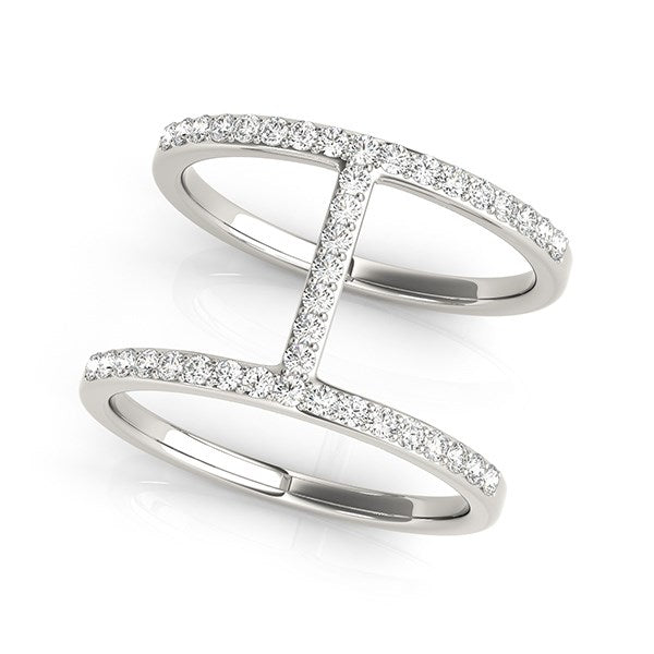 14k white gold dual band bridge style ring with pave set round diamonds.