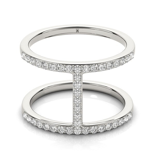 14k white gold dual band bridge style ring with pave set round diamonds.